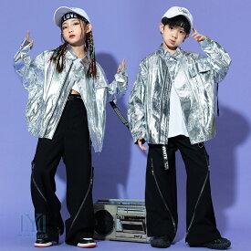 ヒップホップ キッズ ダンス衣装 シルバー PU皮 レザージャケット 黒パンツ セットアップ 女の子 男の子 k-pop ジャズダンス 韓国 ファション HIPHOP 子供服 jazz ジュニア キッズダンス 発表会 演出服 レッスン着 カッコイイ おしゃれ 110-180cm