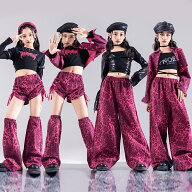 ヒョウ柄 キッズ ダンス衣装 ヒップホップ 女の子 k-pop衣装 豹柄 ジャケット 黒 長袖トップス ロングパ…