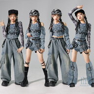 キッズ ダンス衣装 ヒップホップ セットアップ hiphop 女の子 k-pop衣装 長袖トップス デニムパンツ ダン…