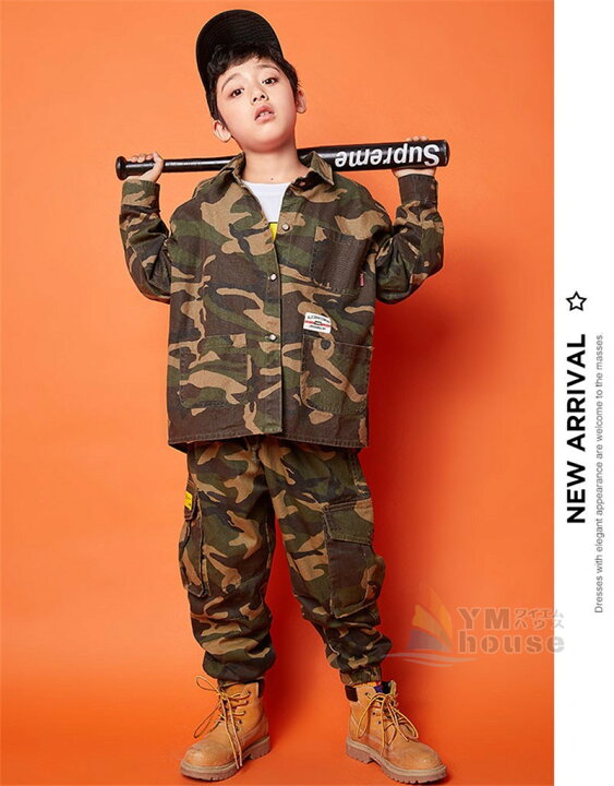 楽天市場 迷彩柄ダンス衣装 キッズダンス衣装 ヒップホップ Hiphop 子供服 長袖 迷彩 ジャケット 迷彩パンツ 男の子 女の子 チアガール 練習着 演出服 ジャズダンス Jazz 舞台衣装 ワイエムハウス