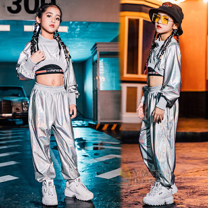 楽天市場 ダンス衣装 キッズ ヒップホップ キッズ ヒップホップ ファッション ダンス衣装 派手 K Pop 韓国 子供服 セットアップ へそ出し Jazz シルバー ワイエムハウス