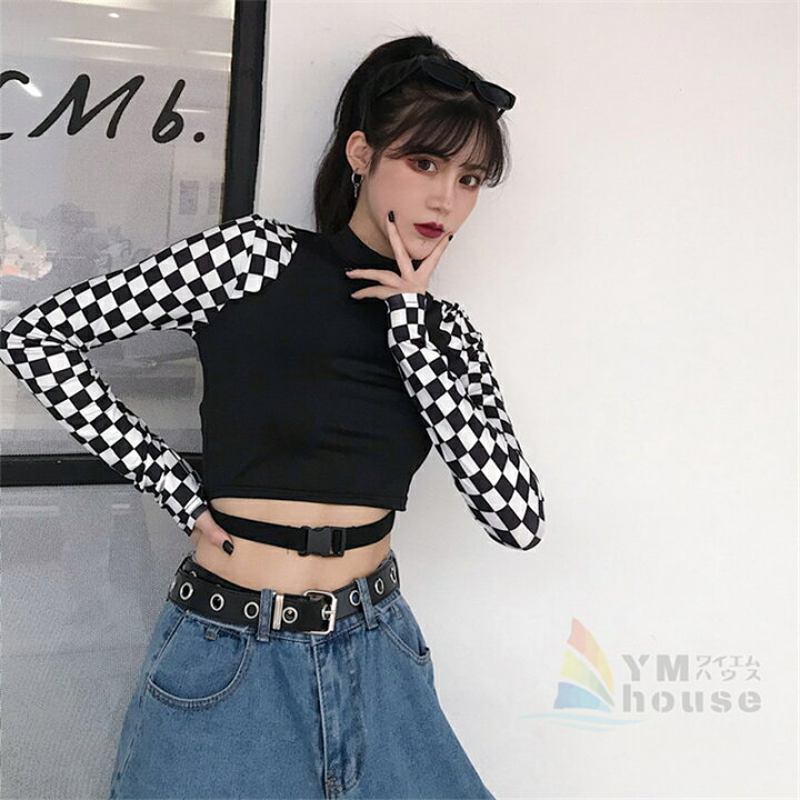 楽天市場 送料無料 ダンストップス へそ出し 黒 チェック柄 超着痩せ カットソー ショート丈 トップス レディース ダンス 衣装 韓国 ファッション トップス セクシー かっこいい おしゃれ ブラック ワイエムハウス