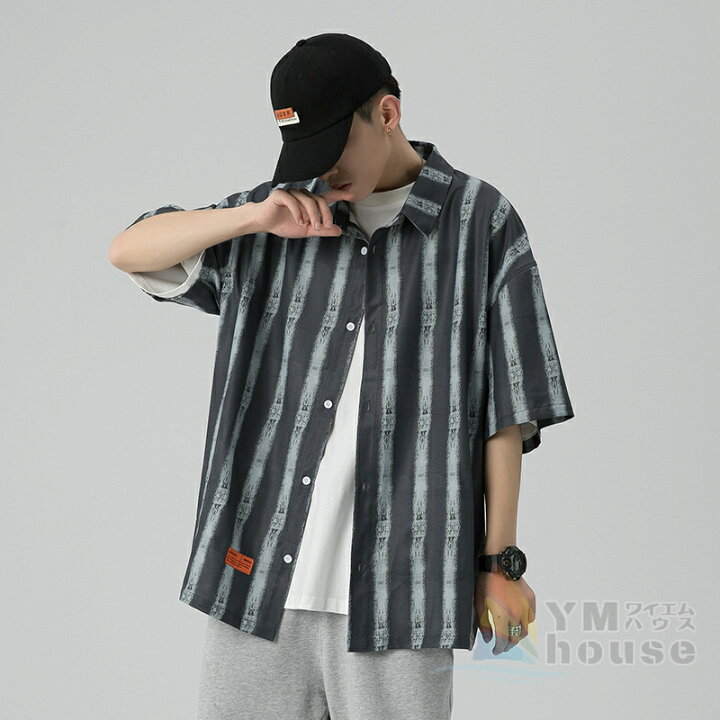 Monotory] シャツ メンズ 五分袖 ストライプ柄 半袖シャツ カジュアル 