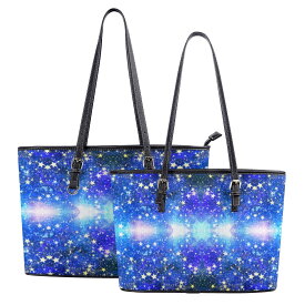 ホシフルヨルニ(レザートートバッグ) レザートートバッグ レディース バッグ アート ブルー 青 水色 光 夜空 カラフル 黒 綺麗 星 お洒落 幻想的 空色 大人可愛い スター 想い 輝き