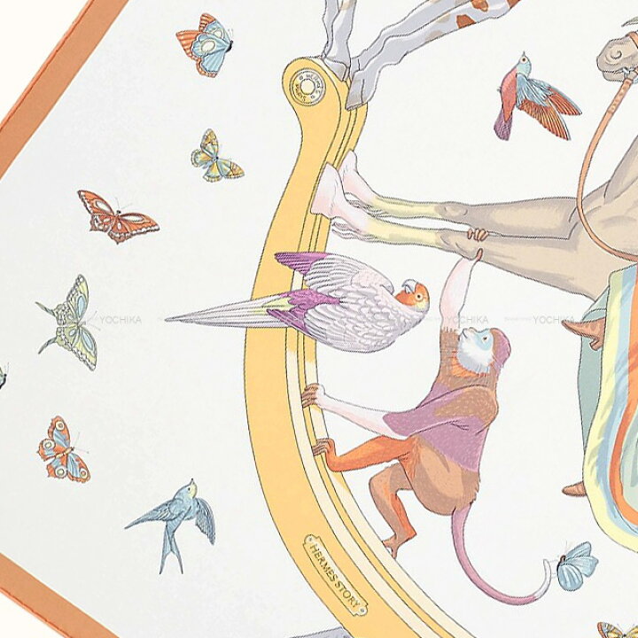 【ご褒美に★】2022年春夏 HERMES エルメス カレ90 エルメスストーリー 白 (ホワイト)/ベージュ/マルチカラー シルク100% スカーフ 新品(2022SS HERMES Carre 90 Hermes Story Blanc (White)/Beige/Multicolor