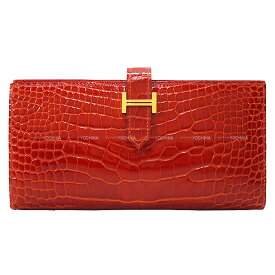 HERMES エルメス ベアンスフレ サンギンヌ クロコダイルアリゲーター ゴールド金具 長財布 T刻印 新品同様【中古】([Pre-loved] HERMES Bearn Soufflet Sanguine Crocodile Alligator Lisse Gold HW long wallet[LIKE NEW][Authentic])【あす楽対応】#yochika