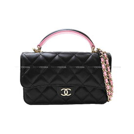 CHANEL シャネル ミニマトラッセ トップハンドル フラップ チェーン フォンケース 黒 (ブラック)/ピンク ラムスキン シャンパンゴールド金具 AP3226 ショルダーバッグ 新品同様【中古】(Mini Matelasse Top Handle Flap Chain Phone Case Lambskin Shoulder bag)