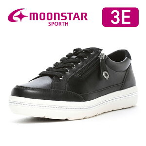 ムーンスター レディース コンフォート シューズ 本革 幅広 3E 撥水加工 抗菌防臭 ファスナー付 おしゃれ 母の日 moonstar スポルス【2025年春新作】SP0711 ブラック 黒