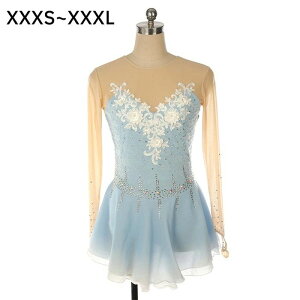 ガール アイススケート アイスダンス 透け感 レッスン着 演出服 競技用 衣装 コンクール 水色 ブルー レディース 女の子 ドレス