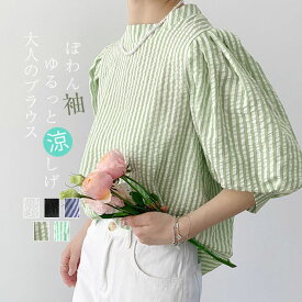 ゆ 着痩せ 体型カバー 薄手 無地 きれいめ 後ろリボン バックリボン ストライプ 五分袖 トップス 夏 レディース シャツブラウス