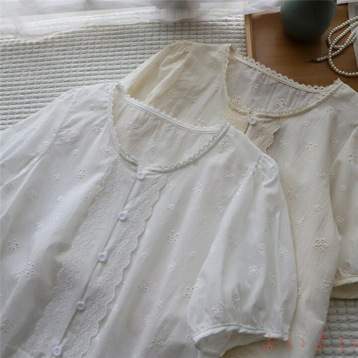 送料無料】ブラウス レース襟 レディース 夏 半袖 刺繍 レース 綿 