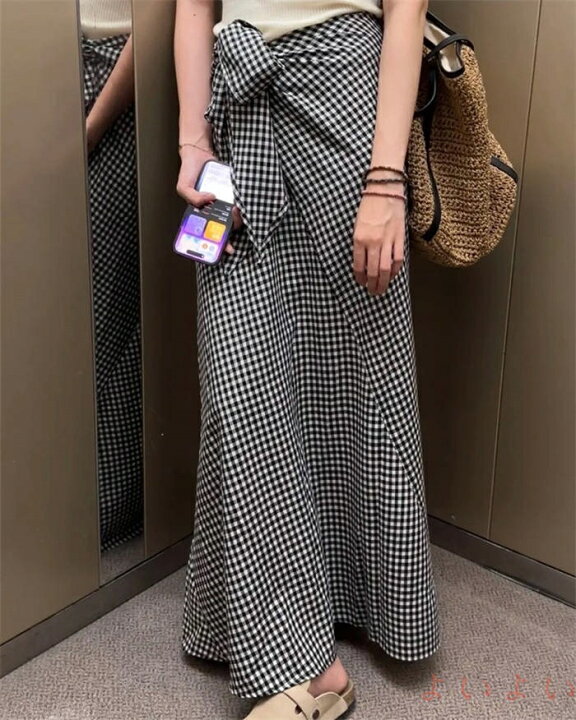 タイトスカート マキシスカート 大人 ギンガム チェック スカート 送料無料 タイトスカート ロングスカート レディース ボトムス リボン ギンガムチェック マキシスカート ロング丈 マキシ丈 チェック柄 スカート 着痩せ カジュアル 大人 よいよい