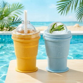 2in1 折りたたみ式 製氷皿 シリコン製アイスボールメーカーカップ 丸い氷｜ストロー＆蓋付き 漏れ防止 ポータブル アイスボール型 再利用可能 コーヒー・ジュース・ジム・アウトドア用 BPAフリー (ブルー&イエロー)