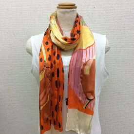 日本製シルク100%横浜スカーフ　職人技が光る逸品　横浜でプリントされたストール 花掛け軸柄　オレンジ