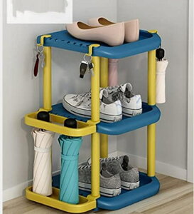 【20%OFFクーポン〜】据え置き型シューズラック シューズボックス 下駄箱 靴箱 傘ラック付き 水受けトレイ付き 傾斜台 ツール不要 取り付けやすい 玄関収納 靴収納 (青黄 3フロア)