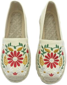 【20%OFFクーポン〜】日常 潮流 春 夏 秋 レディース ローヒール 通気 ズック靴 亜麻 エスパドリーユ レディース フラットシューズ 女性の靴 キャンバス スリッポン 花柄 刺繍 ぺたんこ カジュ