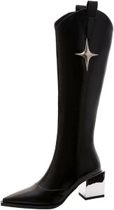 【20%OFFクーポン〜】ジョッキーブーツ ロングブーツ 膝高 ポインテッドトゥ レディース ウエスタンブーツ スタッズ エナメル クリアヒール 秋冬 革 シンプル 美脚 脚長 防滑 おしゃれ 可愛い