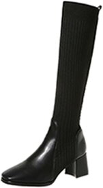【20%OFFクーポン〜】ジョッキーブーツ レディース ソックスブーツ 春秋冬 ロング丈 保温性 歩きやすい ブラック おしゃれ スクエアトウ 臭くない 発表会 スリッポン ニット 6cm オフィス 防滑 フェミニン 文化祭