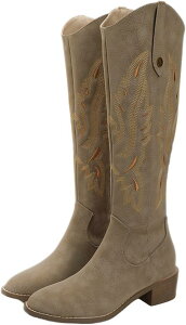 【20%OFFクーポン〜】本革 ウエスタンブーツ 刺繍 ポインテッドトゥ チャンキーヒール ロングブーツ レディース ジョッキーブーツ カジュアル ゆったり 牛革 長ブーツ モード系 太ヒール 身