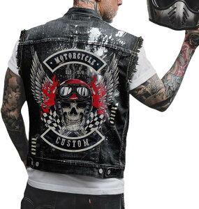 ジージャン デニムベスト メンズ 大きいサイズ ワークベスト 袖無し パンク ダメージ加工 ジャンパー ポケット付き チョッキ ジレベスト 着痩せ 前開 ワークウェア 軽量 防風 バイク用 シン