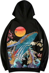 プルオーバー 男性 長袖 綿パーカー スポーツウェア 浮世絵柄 クジラ 刺繍 個性的 和風 柔らかい オーバーサイズ ストレッチ 保温性 吸汗性 丈長め カジュアル ハンサム オシャレ 春秋服 体
