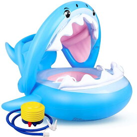 Mercs-X 浮き輪 子ども浮き輪 うきわ 浮輪 足入れタイプ サメの形 水泳リング 日焼け止め 取り外し可能 屋根 持ち手付き 空気入れ フットポンプ付属 ブルー色 夏の日 水遊び 水泳 海 プール ア