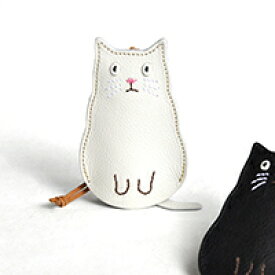 【小太り猫のキーケース　白ねこ】キーケース　キーホルダー　キーカバー　白猫　プレゼント　革　手作り　猫グッズ