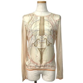 HERMES エルメス トップス 切り替えニット シルク ベージュ マルチカラー #40 長袖 フロントシルク ヴァイオリン バイオリン 音符 ※スターマーク 【中古】