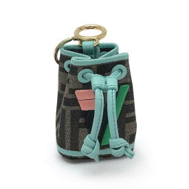 FENDI フェンディ モントレゾール バッグチャーム キャンバス レザー ブラウン ライトブルー 水色 7AR762 A8HV FFズッカナノ 刺繍 ゴールド金具 チャーム キーリング付き 【中古】