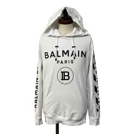 BALMAIN バルマン パーカー コットン ホワイト ブラック メンズ #M 115 8485 フーディー ロゴ 【中古】