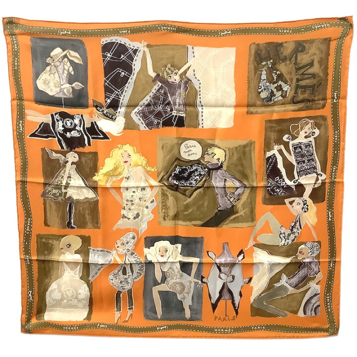 中古】HERMES(エルメス) カレ70 スカーフ 馬柄/ドット柄 オレンジ  