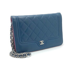 CHANEL シャネル チェーンウォレット ラムスキン ブルー ピンク ココマーク CCマーク マトラッセ シルバー金具 ショルダーバッグ チェーンバッグ 長財布 クラッチバッグ 【中古】