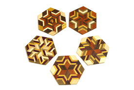 寄木ムク　コースター六角5枚セット（ランダム色セット）