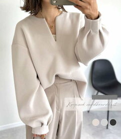 ダンボールニット トップス キーネック ぽわん袖 レディース トレーナー プルオーバー キーネック 秋冬 トレーナー 長袖 カジュアル
