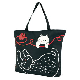 京都 くろちく 和のマルチトートバッグ 21804710 黒地 ブラック 猫と毛糸玉 ネコ 便利 買い物袋 軽量 大容量 大人気