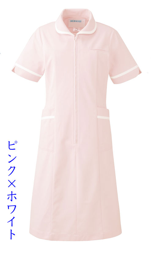 白衣　女性用、ナースワンピース白衣<br>カラー／ピンク×ホワイト 021-24