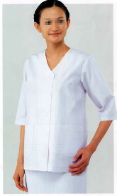 白衣　女性調理衣白衣　衿なし七分袖334-30【】