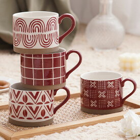 カップ マグカップ おしゃれ ティー コーヒー 兼用 450ml 鮮やかな色 赤 チェック柄 波のパターンデザイン 陶器 コーヒーカップ 普段使い 御来客時 プレゼント モダン ウォーターカップ 美しくスタイリッシュ OceanMap