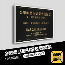 金融商品取引業者登録票 520mm×370mm 【金看板x黒文字金】選べる書体 枠4種 UV印刷 ステンレス 撥水加工 錆びない 看板 法定サイズクリア 宅地 建物 取引業者 金看板 宅建 標識 事務所用 安価でおしゃれな許可票看板 事務所看板 短納期　fpt-gold-white-blk