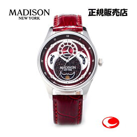 MADISON NEW YORK マディソン ニューヨーク 腕時計 イカロス　MA011011-3　時・分・秒、マルチカレンダー（月・日付・曜日）、ムーンフェイズ　レッド カーフストラップ