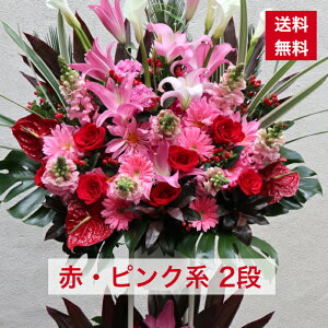 【東京23区限定】 スタンド花 2段 赤・ピンク系 赤色 赤 レッド ピンク レッド系 送料無料 開店祝い 移転祝い 竣工 花 生花 誕生日 バースデー 豪華 おしゃれ オシャレ フラスタ フラワースタ