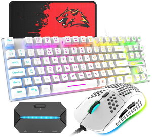 ゲーミングキーボード マウス コンバータ付き 88キー 軽量 LEDバックライト USB接続 エルゴノミック 防水 ゲーマーやタイピストに最適、6400DPIゲーミングマウス マウスパット付き 日本語取扱