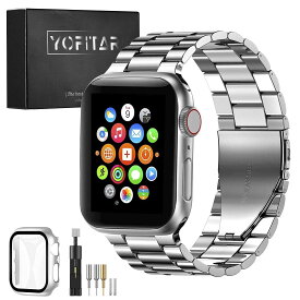[YOFITAR] for Apple Watch バンド 保護ケース付き ステンレス製 アッ プルウォッチ 交換ベルト Apple Watch Ultra 2/Ultra/9/8/7/SE2/6/SE/5/4/3/2/1対応 iWatch バンド Apple Watchアクセサリ 長さ調整器具付き（38mm，シルバー）