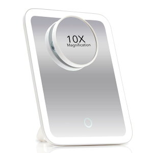 Fancii 3調節可能なライト設定、1x大きいミラーおよび取り外し可能な10x拡大鏡が付くポータブルLEDのメイクアップミラー - 旅行用コードレスライトミラー、360°回転キックスタンド - オーラゴ