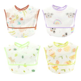 [MOMSMENU] 食事用エプロン ベビー お食事エプロン 防水 軽量 ポケット付き 保育園用 お名前タグ付き 4枚セット イエロー