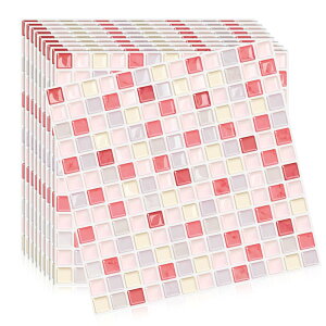 MORCART【10枚】タイルシール 防水 耐熱 キッチン 洗面所 トイレ DIY 家具やアイテムの装飾 モザイクタイルシート 壁紙シール 3D リメイクシート (25x25cm, ピンク)