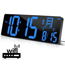 「2023最新」Blueekin デジタル時計 LED大画面 WiFi時間自動修正対応 大型 明るさ調整可能 見やすい 壁掛け置き兼用 目覚まし時計 大音量 タイマー機能 掛け時計 卓上置き時計 おしゃれ アラーム スヌーズ機能 時間/カレンダー/温度表示 12H/24H時間表示（ブルー）