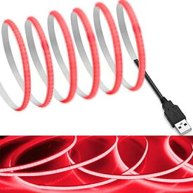 【RYE】 COB テープライトLEDストリップライトフレキシブル 高密度 幅5mm 隠れたLEDテープライト2m 320LEDs/m 赤色 DC5V 180°発光CRI=90，両面テープ変形可能 切断可能 寝室 キッチンホーム オフィス屋内装飾 (赤色,2m)