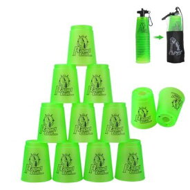 Cyfie 飛重ねカップ スポーツスタッキング専用 競技用 収納袋付き 厚め プラスチック製 12個セット (緑)