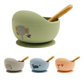 Wooden Teether ベビー用食器 吸盤ボウル シリコン スプーン付き 赤ちゃん 滑り止め 離乳食セット こぼれ防止 ひっくり返し防止 電子レンジ食洗器対応 おわん お祝い ギフト プレゼント 象さん グリーン